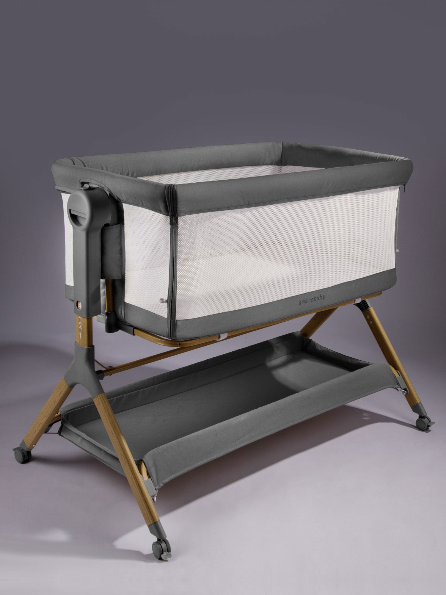 Изображение товара Приставная люлька Amarobaby Care темно-серого цвета для новорожденных с функцией укачивания