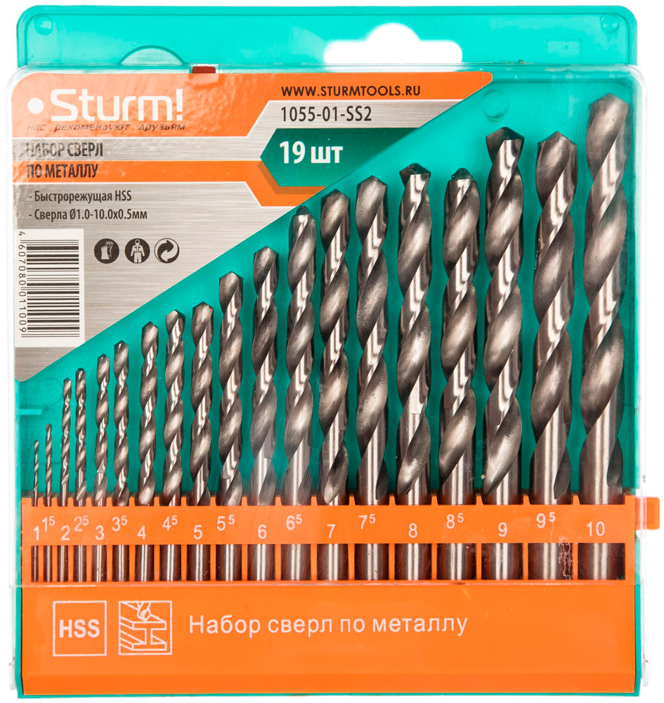 Изображение товара Набор сверл Sturm! 1055-01-SS2 по металлу 19шт, 1-10х0.5мм, HSS