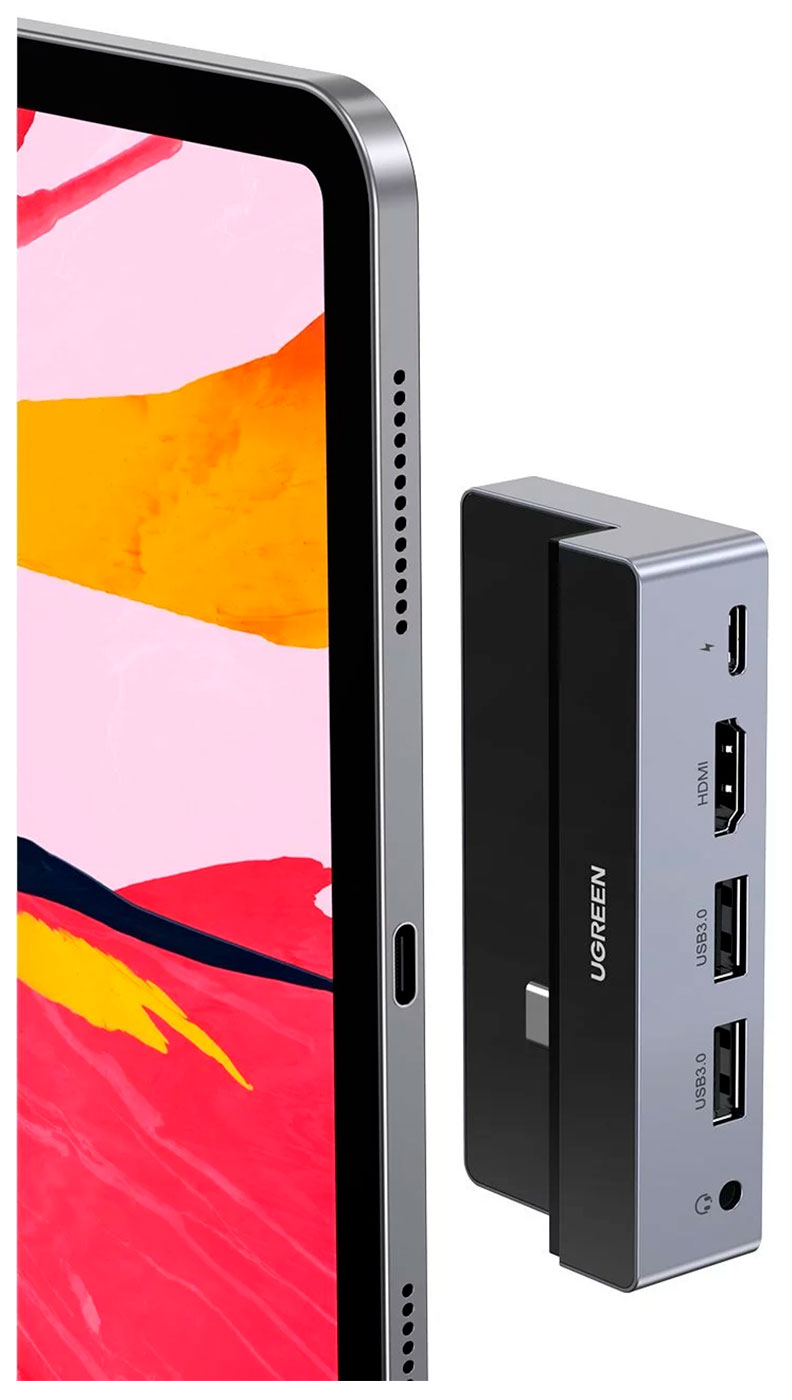 USB-концентратор для iPad Pro (хаб) Ugreen 2 x USB 3.0, HDMI, 3.5 мм jack, PD (70688) конвертер usb c to 3 usb 3 0 hdmi gigabit pd 6 в 1 черно серый ugreen cm222