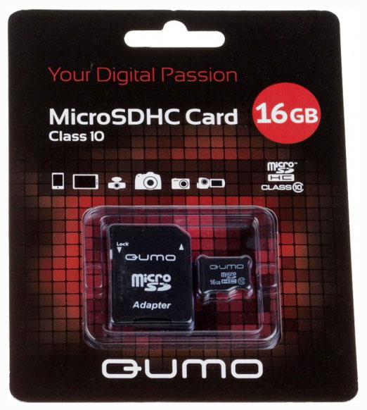 Карта памяти QUMO MicroSDHC 16 GB Сlass 10 с адаптером SD цена и фото