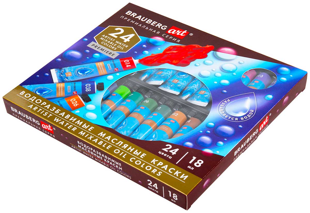 

Краски масляные Brauberg ВОДОРАЗБАВИМЫЕ художественные, 24 цвета по 18 мл в тубах, ART PREMIERE, 192291, Разноцветный