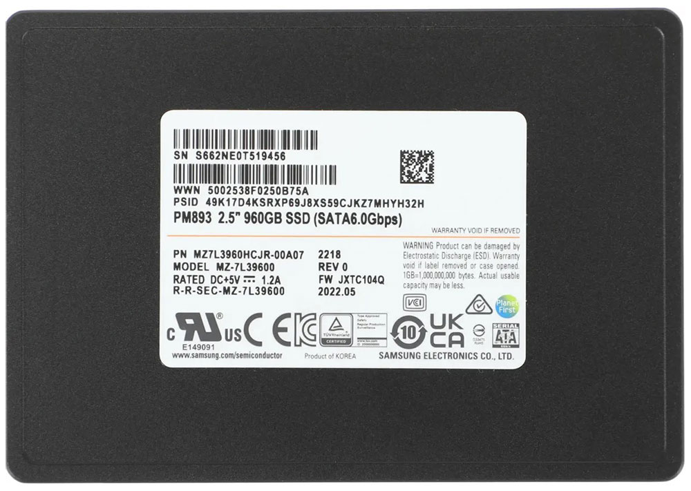 Изображение товара Серверный накопитель SSD Samsung 2.5 PM893 960 Гб SATA III TLC (MZ7L3960HCJR-00A07) Изображение товара Серверный накопитель SSD Samsung 2.5 PM893 960 Гб SATA III TLC (MZ7L3960HCJR-00A07)