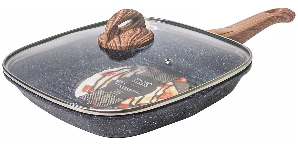 Изображение товара Сковорода-гриль Panairo ECO induction с крышкой и съемной ручкой, 27х27 см, индукция (ECO-GRIL-27-Sruswd-K.wd-I)