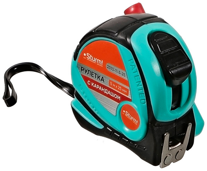 Изображение товара Рулетка Sturm! 5x25 мм с карандашом, обрезиненная, 2-ст., зацеп, магнит, Кулибин pat. (2010-11-5-25)