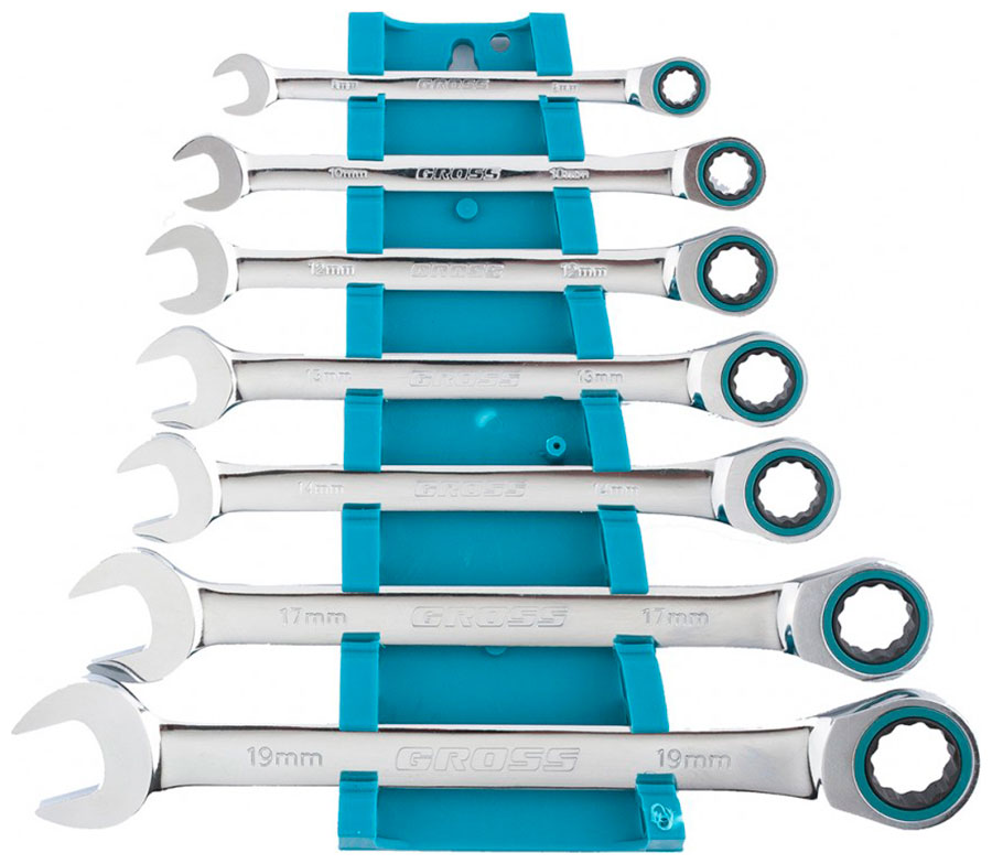 Изображение товара Набор комбинированных ключей с трещоткой Gross 14890 8-19 мм 7 шт хромованадиевая сталь