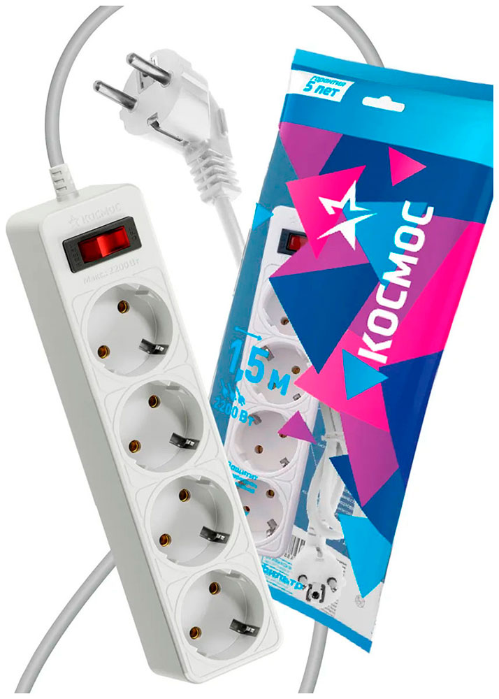 Изображение товара Сетевой фильтр Космос 1,5 м 4 розетки защита от скачков и помех белый