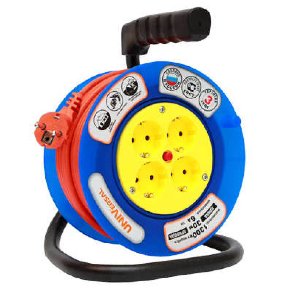 Изображение товара Удлинитель на катушке Универсал 4х20м без заземл. 6А IP20 У6-014 190мм ПВС 2х0.75 термозащита UNIVersal