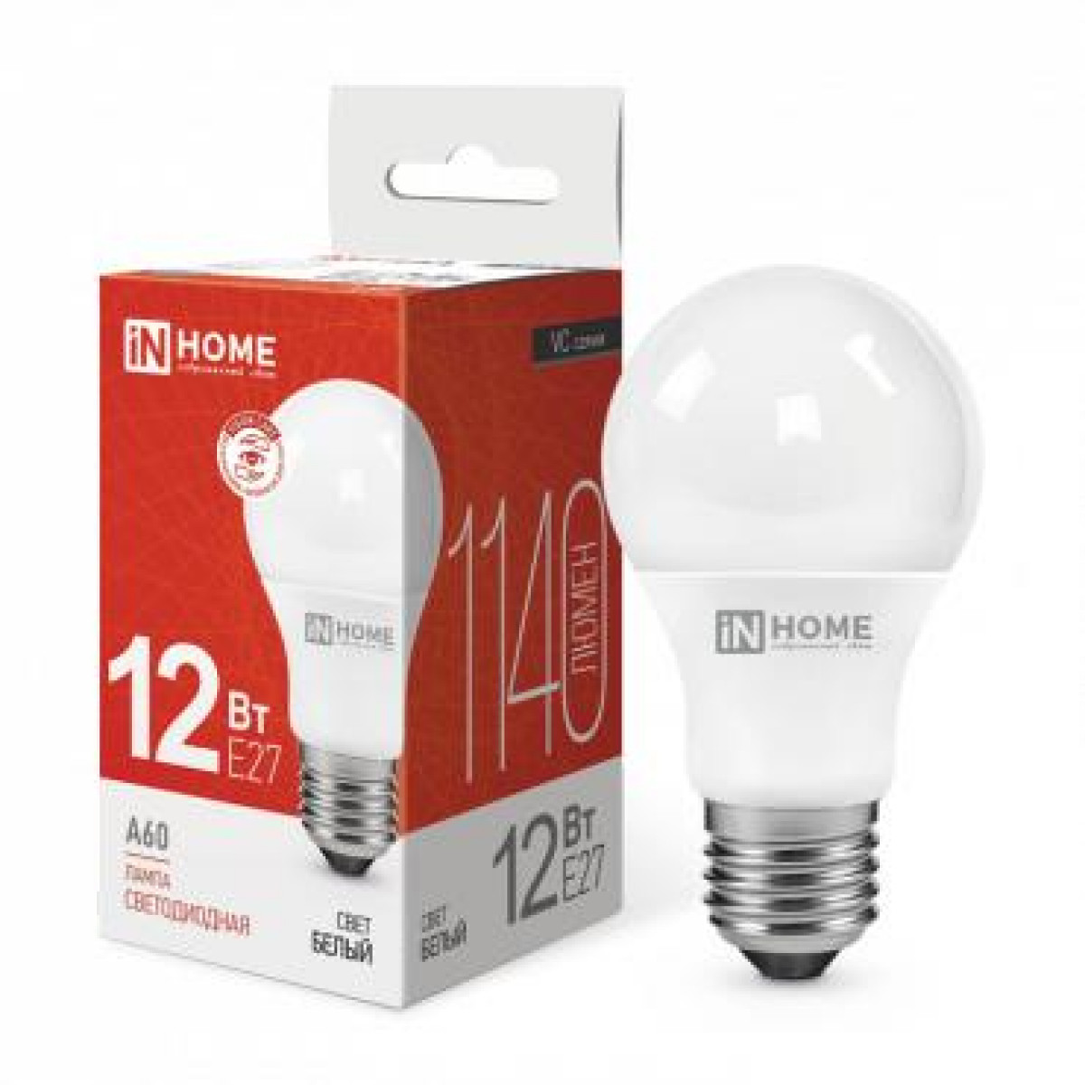 Изображение товара Лампа светодиодная In Home LED-A60-VC, 12 Вт, грушевидная, 4000К, нейтр. бел., E27, 1140лм, 230 В