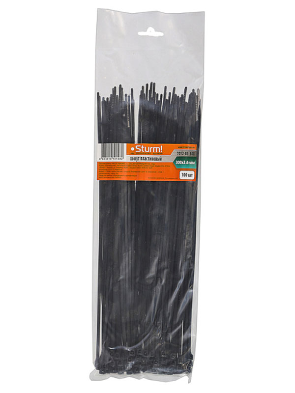 

Хомуты Sturm! 300 х 3,6 мм, пластмассовые черные, 100 шт/уп (7012-05-300)