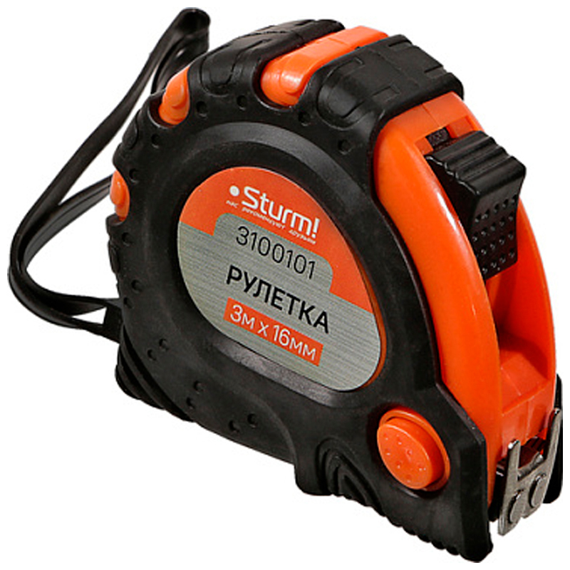 Изображение товара Рулетка Sturm! 3м х 16мм, с 2-х сторонней шкалой, усил. магнит, обрезиненный корпус, 2-ой зацеп (3100101)