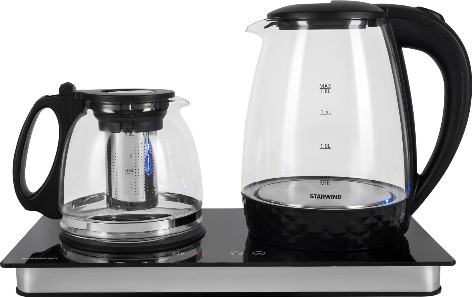 

Чайник электрический Starwind SKG4044, 1.8л, 1800 Вт, черный/серебристый, стекло, Черный/серебристый/прозрачный