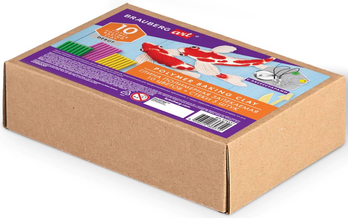 Изображение товара Глина полимерная Brauberg запекаемая. 10 цветов по 20 г с аксессуарами (271157)