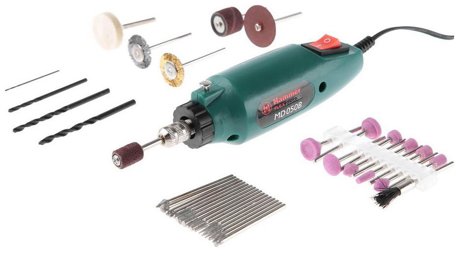 Изображение товара Мини-дрель HAMMER MD 050 B с набором из 57 насадок для точных работ