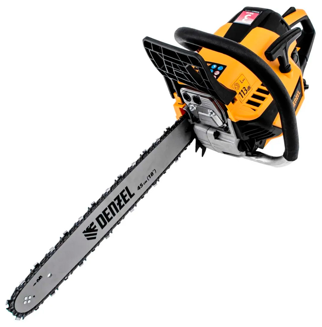 Изображение товара Пила цепная бензиновая Denzel DS-5218, шина 45 см, 52 см3, 3 л.с., шаг 0.325, паз 1.5 мм, 72 звена, 95237