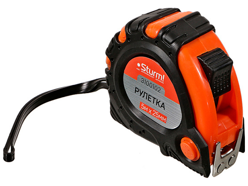 Изображение товара Рулетка Sturm! 5м х 25мм с 2-х сторонней шкалой, усил. магнит, обрезиненный корпус, 2-ой зацеп (3100102)