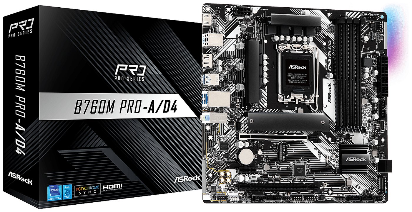 Изображение товара Материнская плата Asrock B760M PRO-A/D4 (LGA1700, mATX) Изображение товара Материнская плата Asrock B760M PRO-A/D4 (LGA1700, mATX)