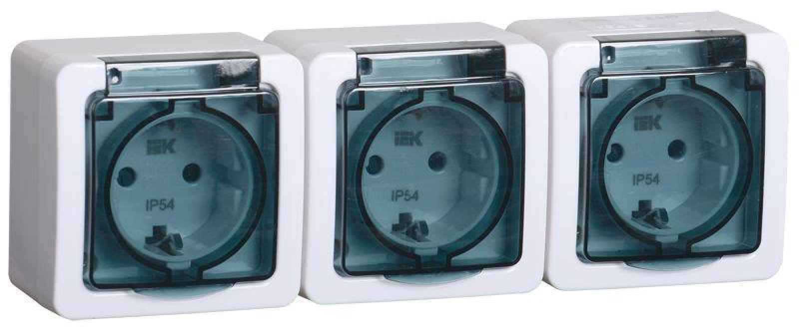 Изображение товара Розетки IEK Розетка 3-м ОП Гермес Plus РСб23-3-ГПБд 16А IP54 с заземл. с дым. крышкой бел.