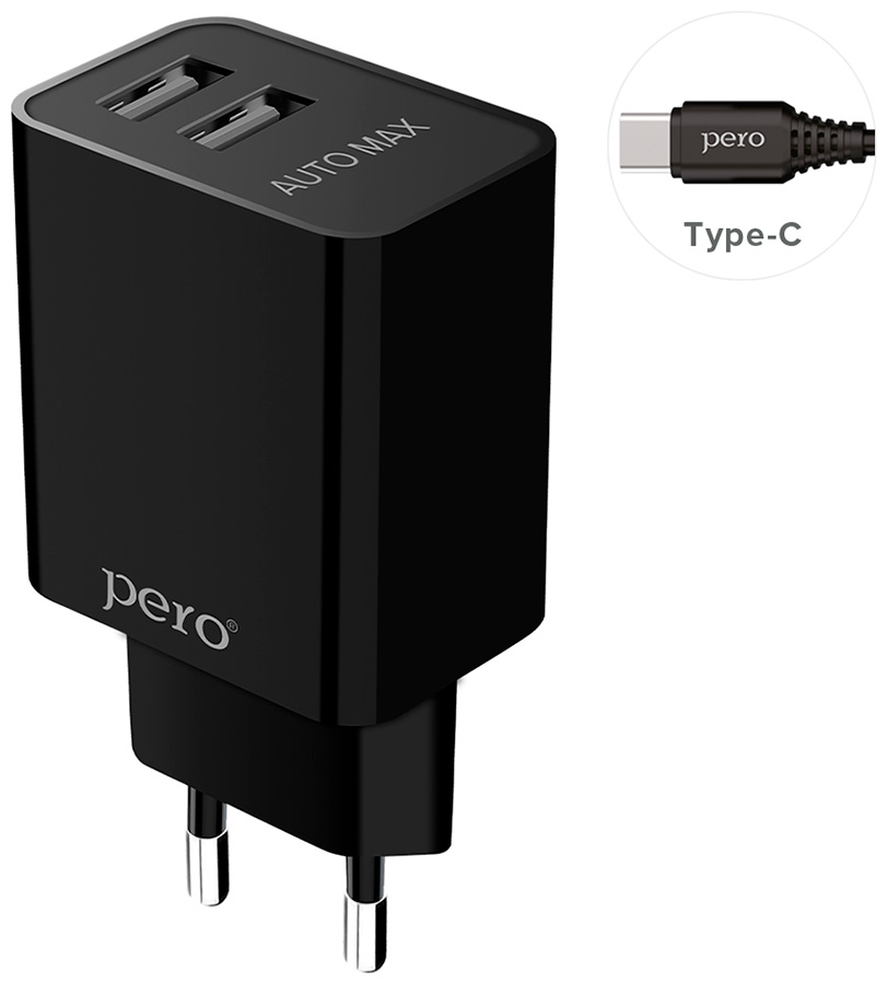 СЗУ Pero TC02, 2USB, 2.1A, c кабелем Type-C в комплекте, черный