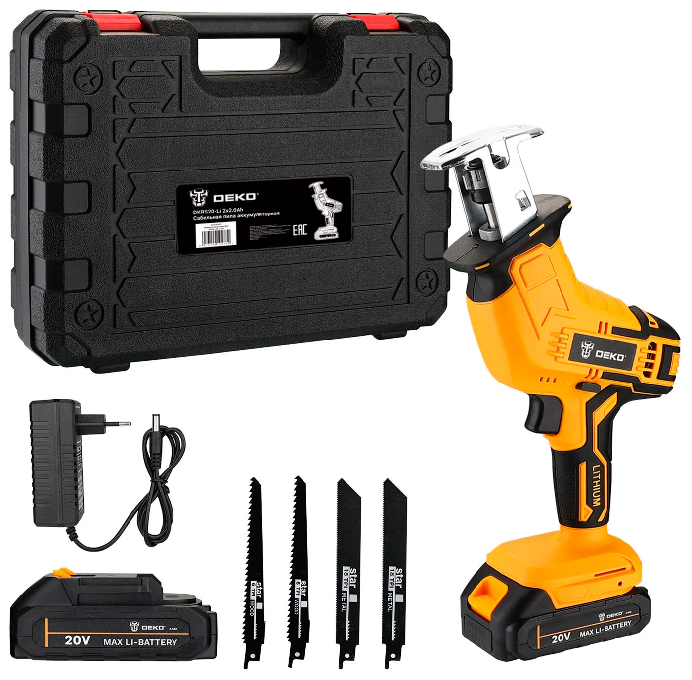 Изображение товара Сабельная пила аккумуляторная Deko DKRS20-Li, 20 В, 2x2.0 Ач (063-4311), желто-черный