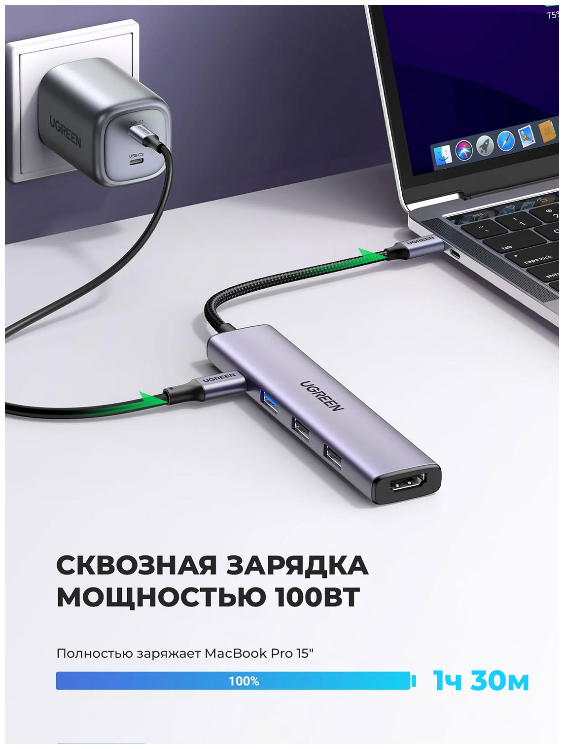 Изображение товара Разветвитель и хаб Ugreen USB-C HDMI 4K быстрый заряд 100 Вт компактный