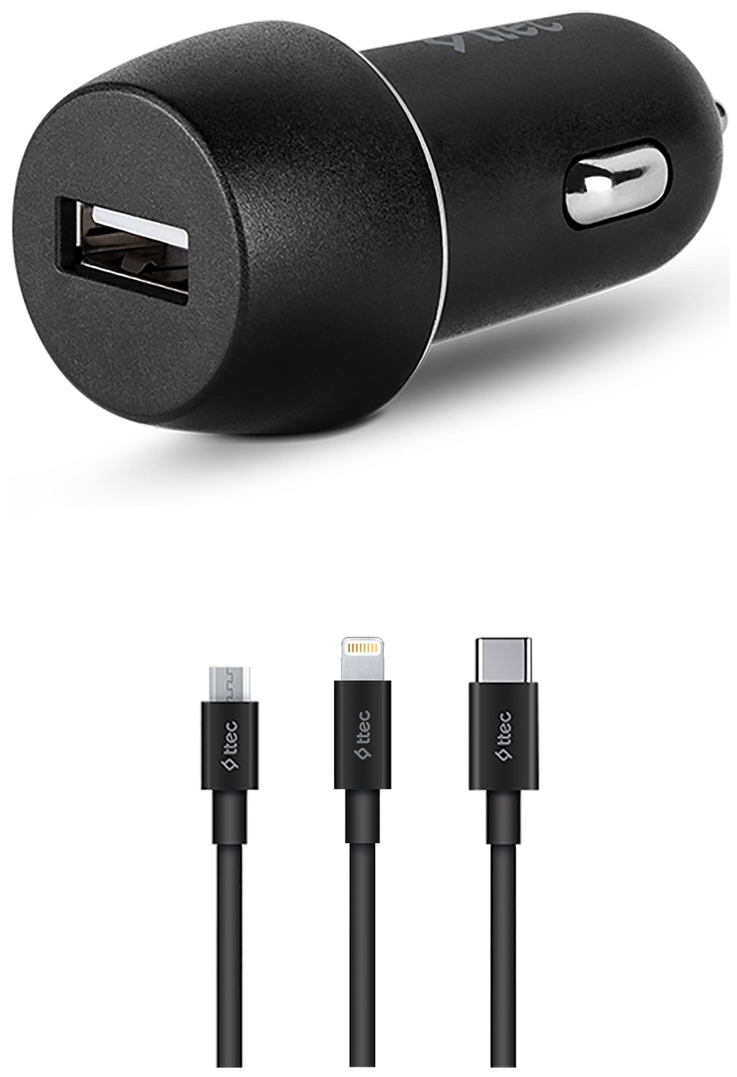 Изображение товара Автомобильное зарядное устройство Ttec SmartCharger 2.1A USB-C Micro USB Lightning черное