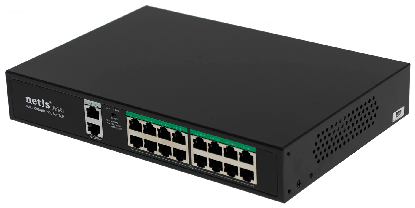 Изображение товара Коммутатор Netis P116GC (L2), 18 портов 1 Гбит/с, 16 PoE+ 240W