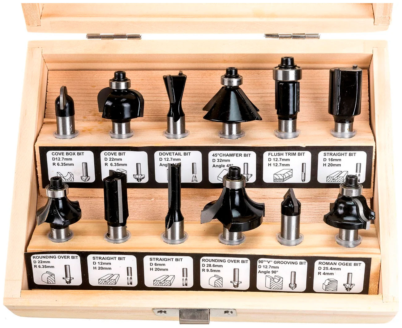 Изображение товара Фрезы Fit по дереву кромочные, набор 12 шт., деревянный бокс, хвостовик 8 мм