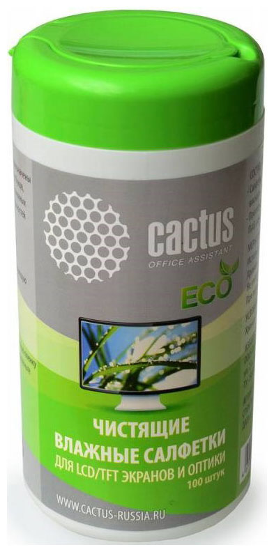 Изображение товара Салфетки влажные Cactus для экранов и оптики 100 шт без спирта экологичные