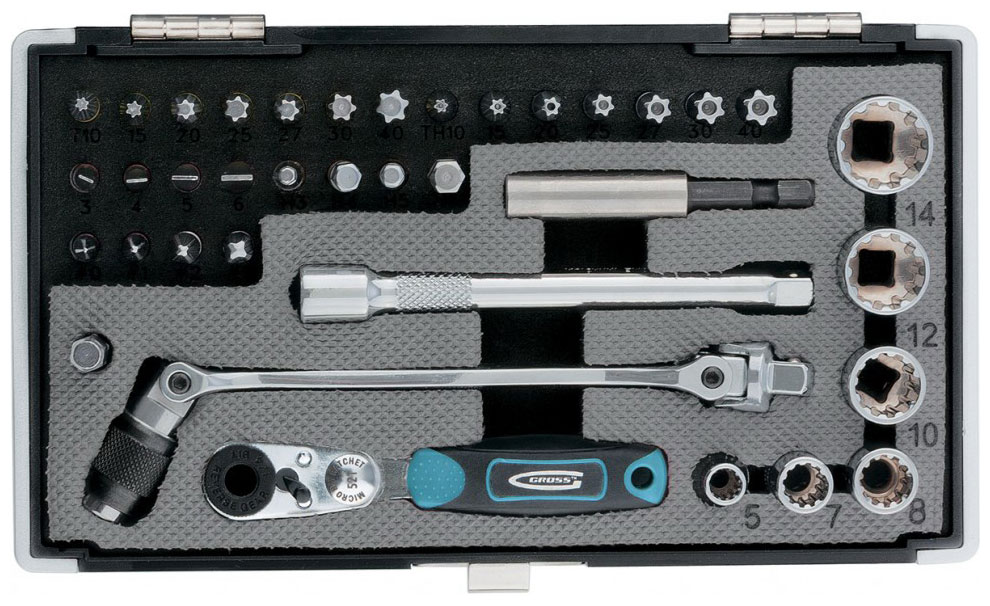 Изображение товара Набор бит и головок Gross 1/4 дюйма 37 предметов с трещоткой и кейсом