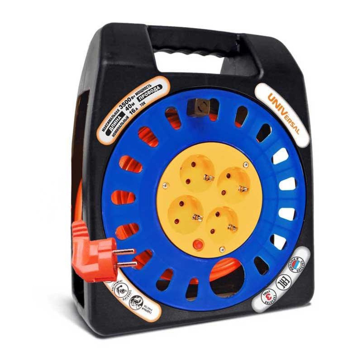 Изображение товара Удлинитель в закрыт. корпусе Универсал 4х40м с заземл. 10А IP20 У16-012 ПВС 3х1 термозащита защ. шторки UNIVersal