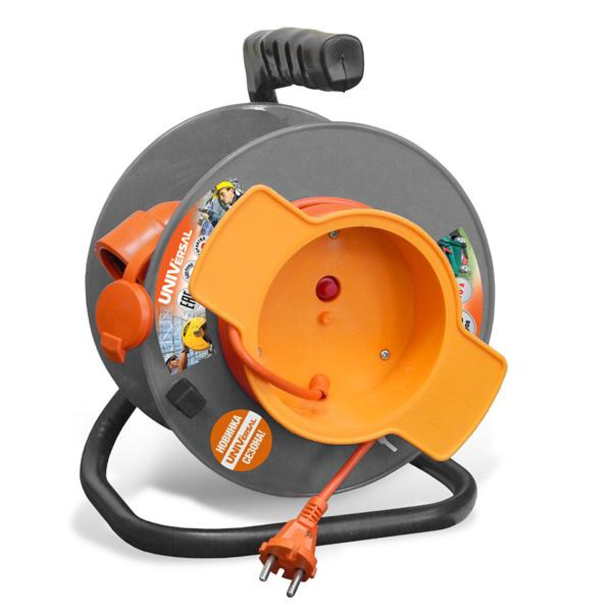 Изображение товара Переходник Универсал Удлинитель на катушке 1х30м без заземл. 10А IP44 У10-028 ПВС 2х0.75 термозащита с выносн. розеткой UNIVersal