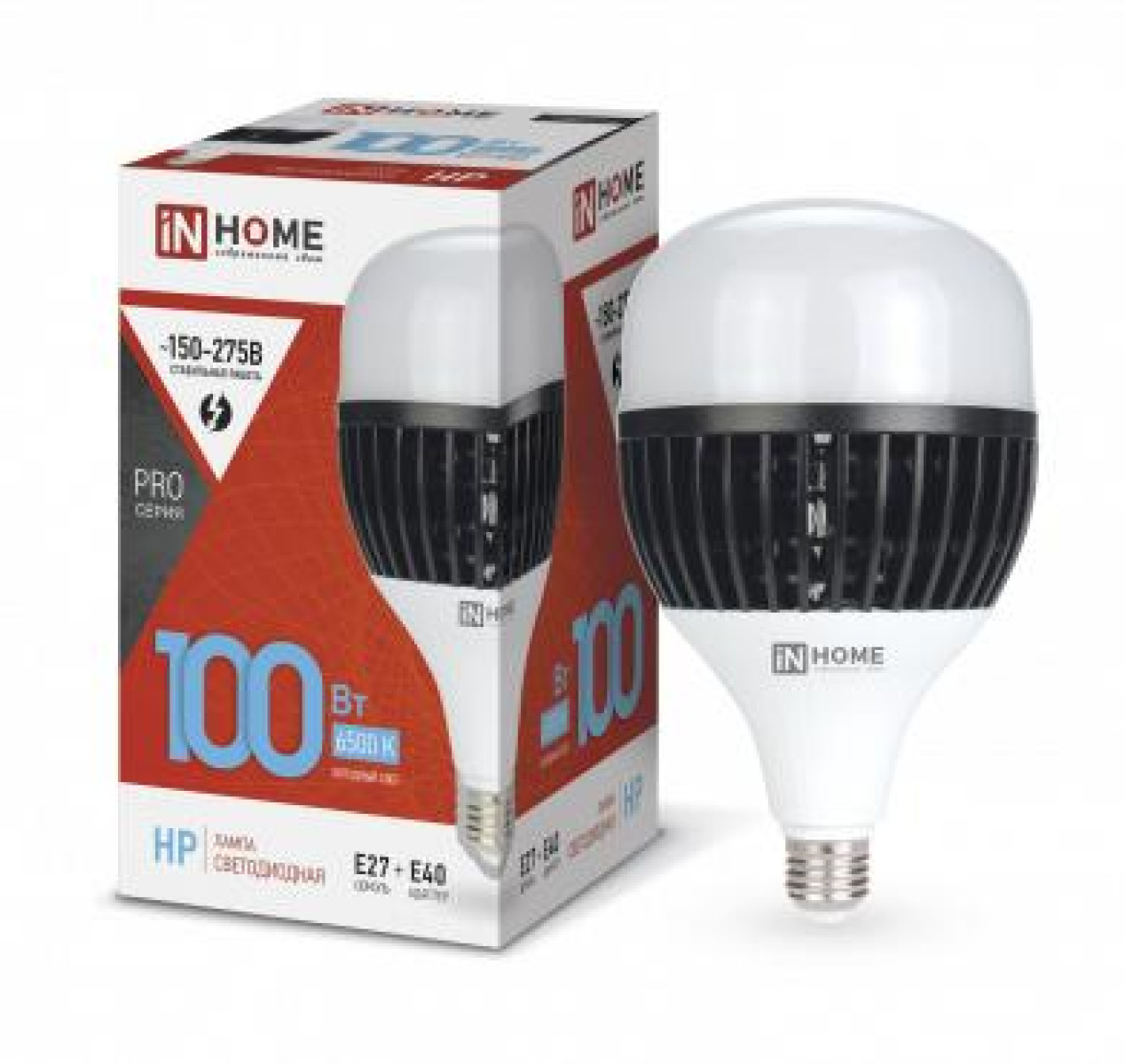 Изображение товара Лампа светодиодная In Home LED-HP-PRO, 100 Вт, 6500К, холод. бел., E27, 9000лм, 150-275 В, с адаптером, E40