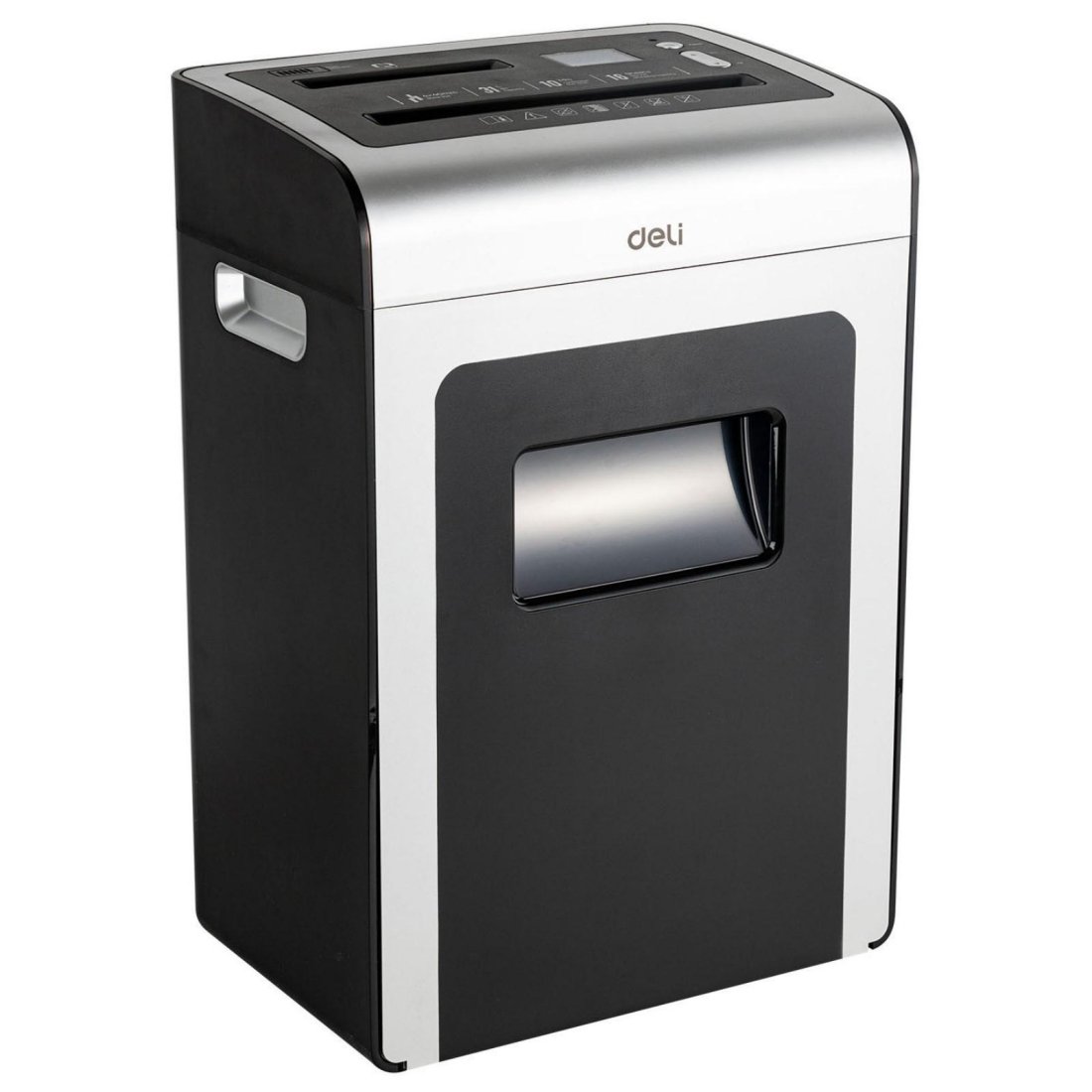 Изображение товара Уничтожитель бумаги (шредер) Deli E9917-EU черный/белый с автоподачей (секр.P-4) фрагменты 16лист. 31лтр. скрепки скобы пл.карты CD