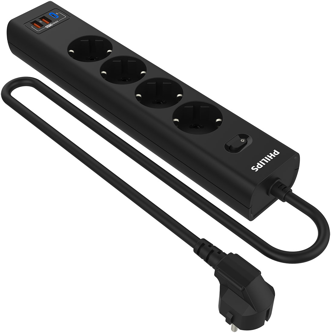 Изображение товара Сетевой фильтр Philips 4 Розетки с USB (PD/QC3.0 5/9/12 В), 30 Вт, кабель - 3 м, черный