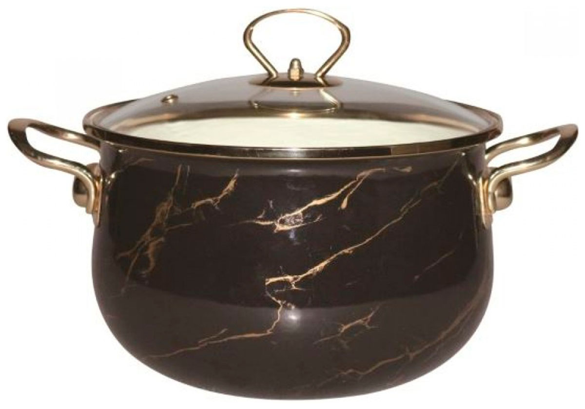 Изображение товара Кастрюля Marusya R-32450, 5 л, эмалированная, со стеклом. кр. Ручка золотой, цвет: черный мрамор