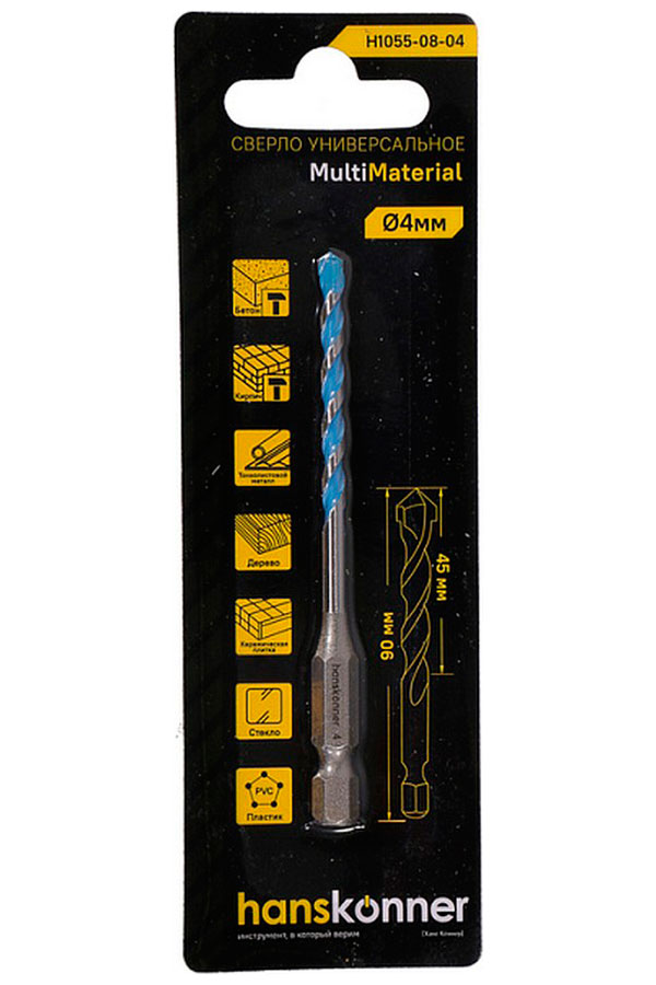 

Сверло универсальное Hanskonner 4 мм, твердосплавная напайка, шестигранный хвостовик (H1055-08-04)