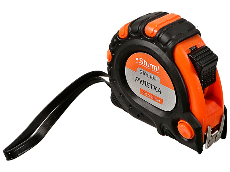 Изображение товара Рулетка Sturm! 5м х 19мм с 2-х сторонней шкалой, усил. магнит, обрезиненный корпус, 2-ой зацеп (3100104)