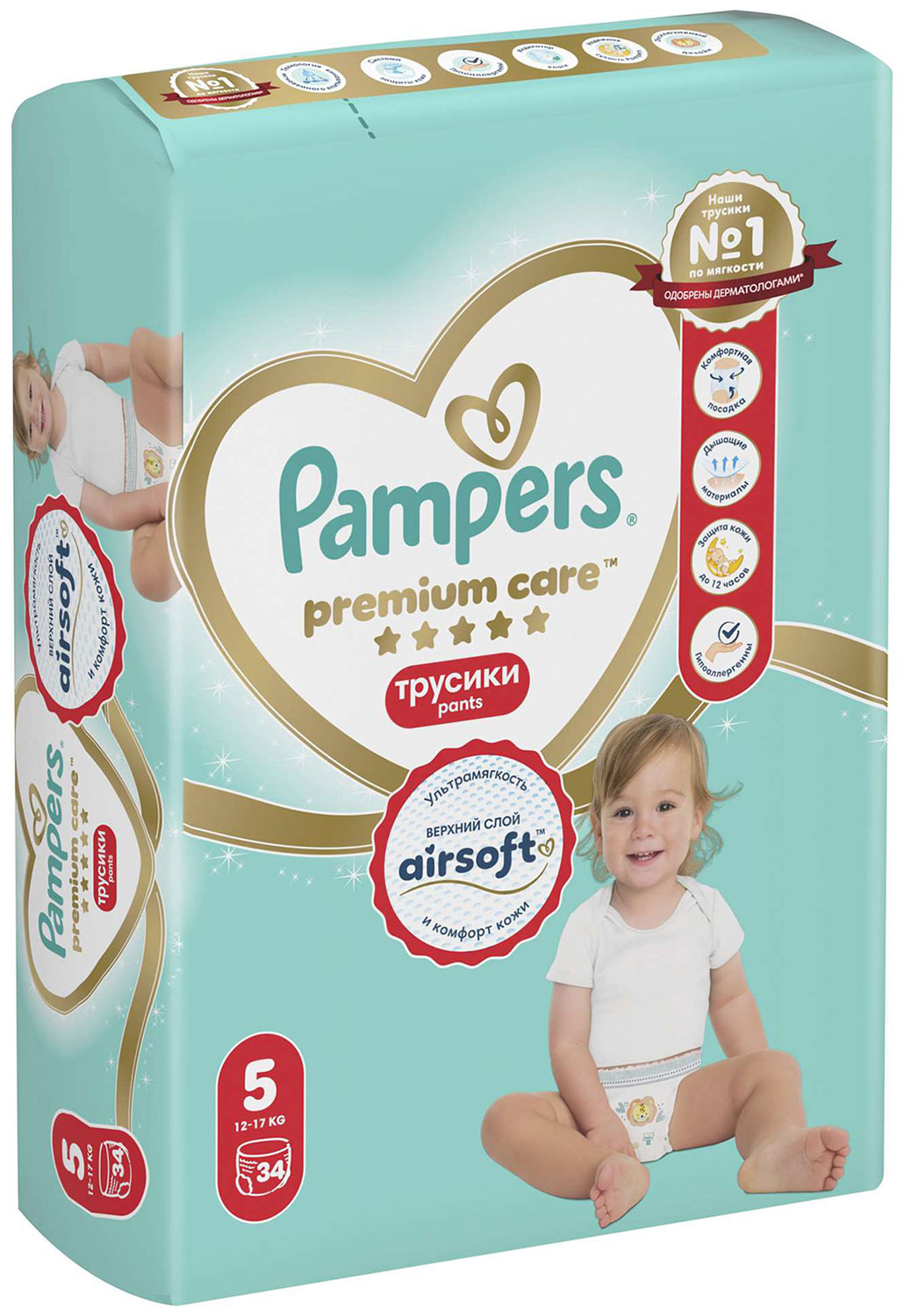 Изображение товара Трусики-подгузники Pampers Premium Care Pants, для мальчиков и девочек, Junior 12-17 кг, Экономичная Упаковка 34 шт