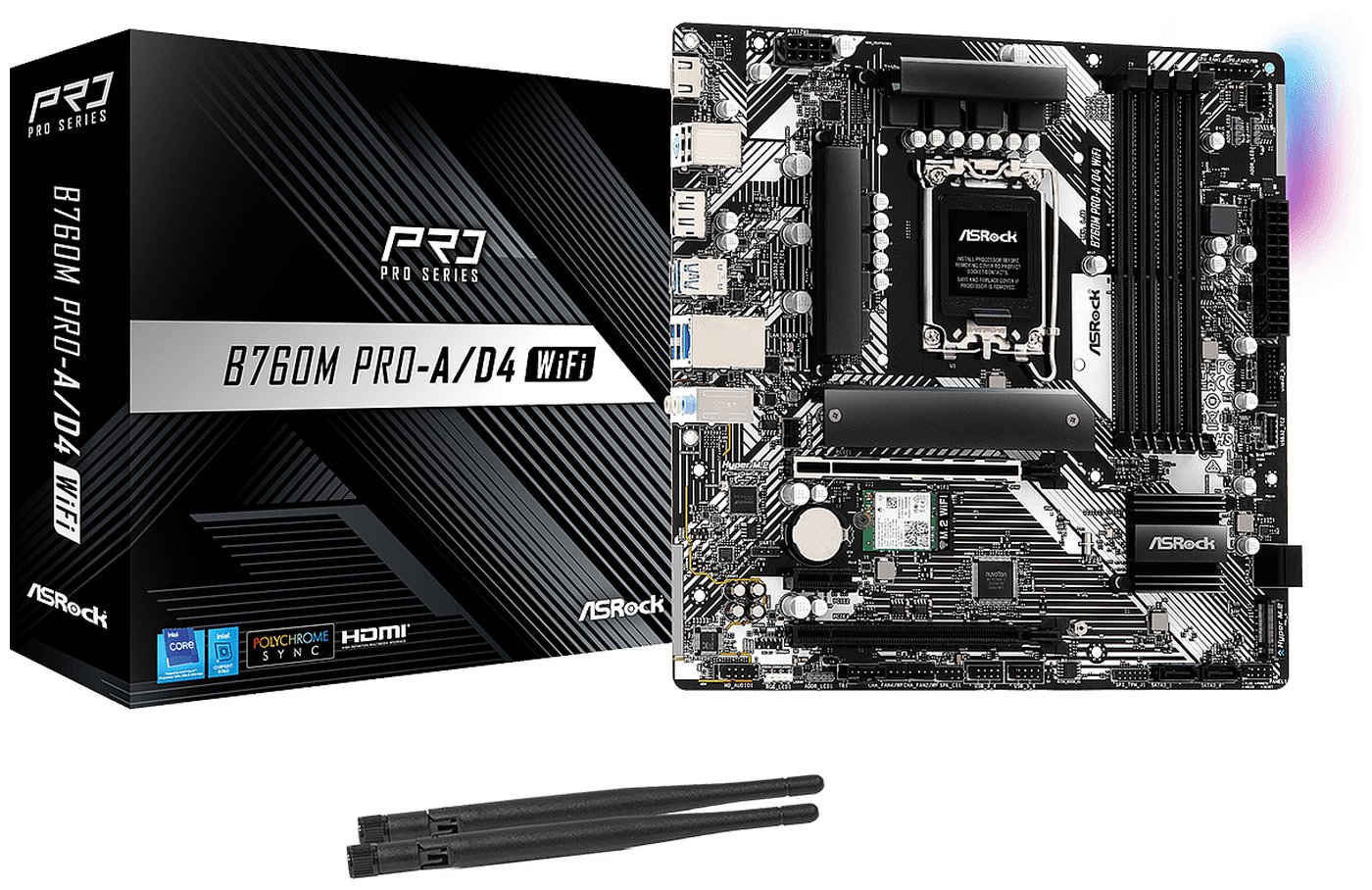 Изображение товара Материнская плата Asrock B760M PRO-A/D4 WIFI (LGA1700, mATX) Изображение товара Материнская плата Asrock B760M PRO-A/D4 WIFI (LGA1700, mATX)