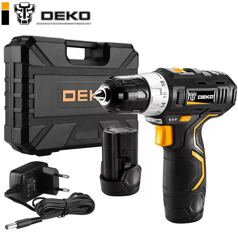 Аккумуляторная дрель-шуруповерт Deko GCD12DU3 SET 4 в кейсе оснастка 13 шт, 2*2 Ач черно-желтый