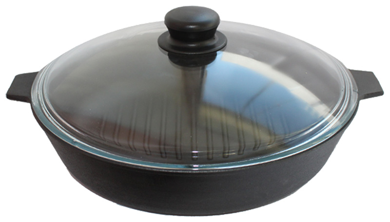 Сковорода-гриль Камская посуда гу8062 гриль чугунная 280х60 с двумя ушками со стеклянной крышкой