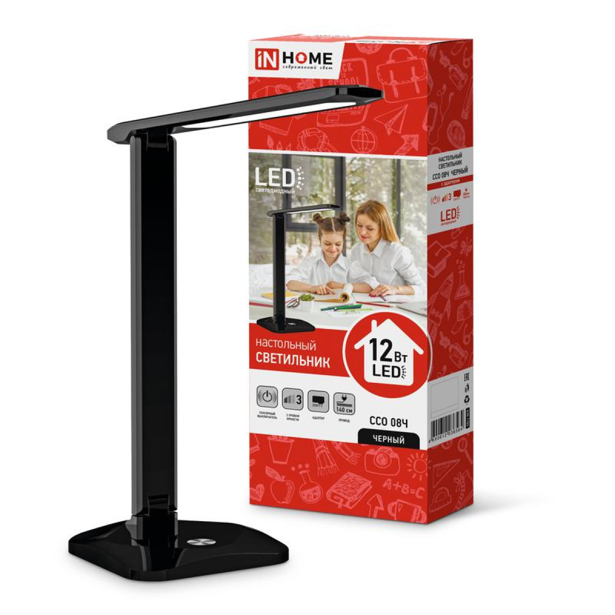 Изображение товара Настольная лампа In Home ССО 08Ч 12Вт сенсор-диммер регулировка высоты черная