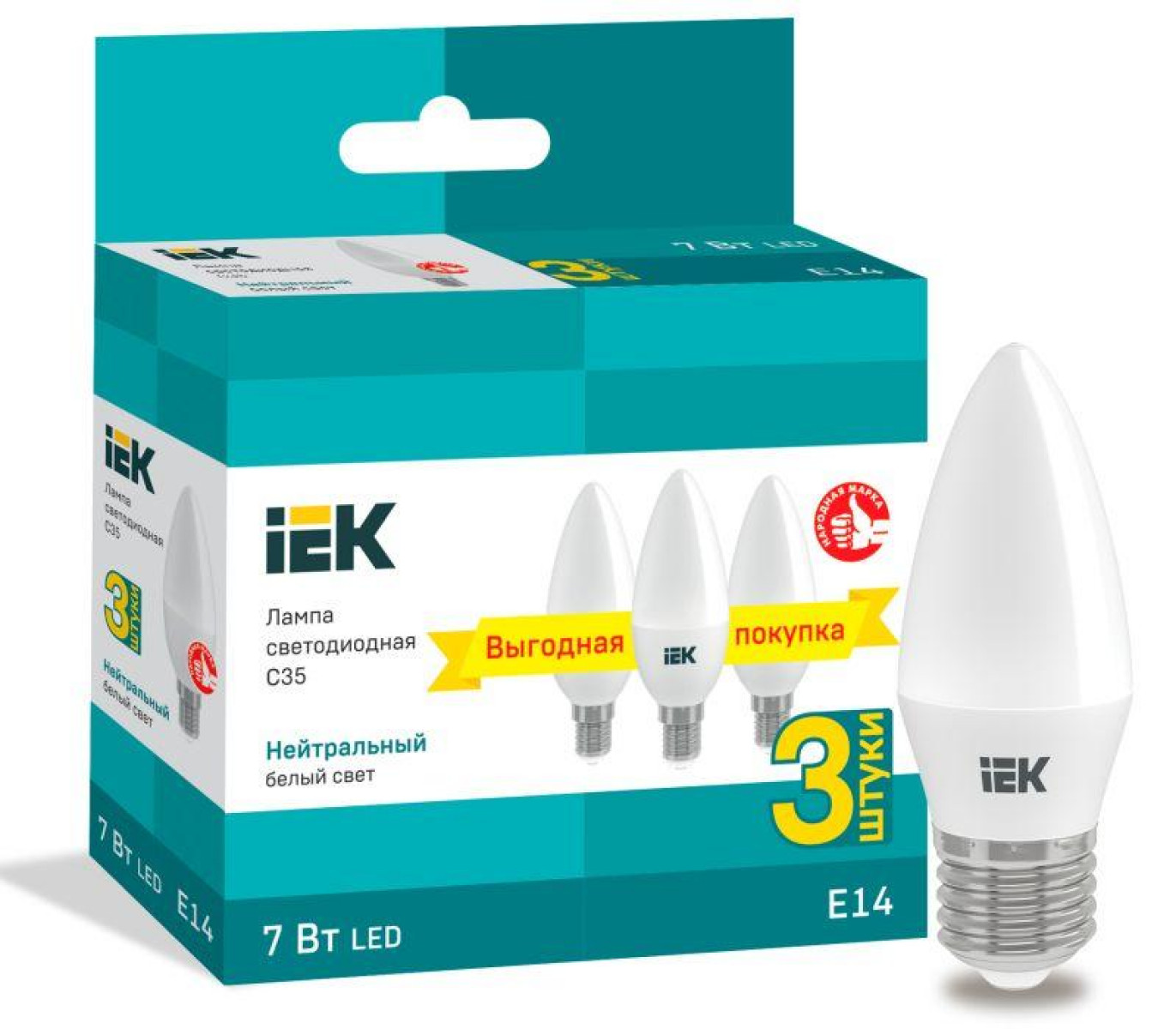Изображение товара Лампа светодиодная IEK 7 Вт, C35, свеча, 4000К, нейтр. бел., E14, 230 В (уп.3шт)