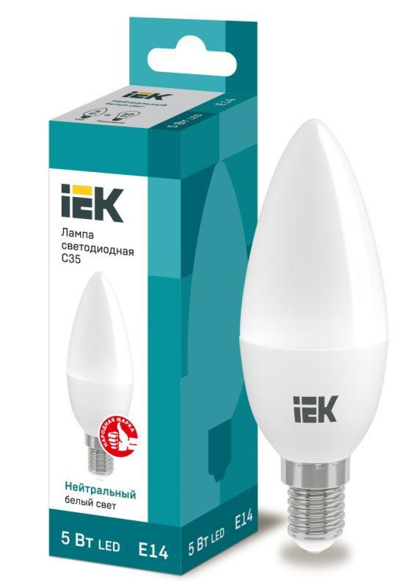 Изображение товара Лампа светодиодная IEK Eco, 5 Вт, C35, свеча, 4000К, нейтр. бел., E14, 450лм, 230-240 В