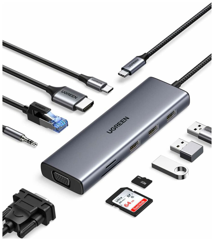 

Конвертер Ugreen CM498 (15601) USB-C To 3*USB 3.0 A+HDMI+VGA+RJ45 Gigabit+SD/TF+AUX3.5mm+PD, серый