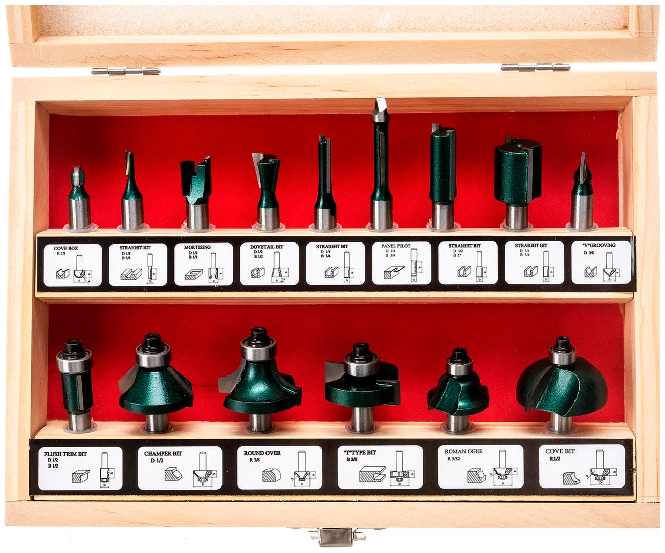 Изображение товара Фрезы Fit по дереву кромочные, набор 15 шт., деревянный бокс, хвостовик 8 мм