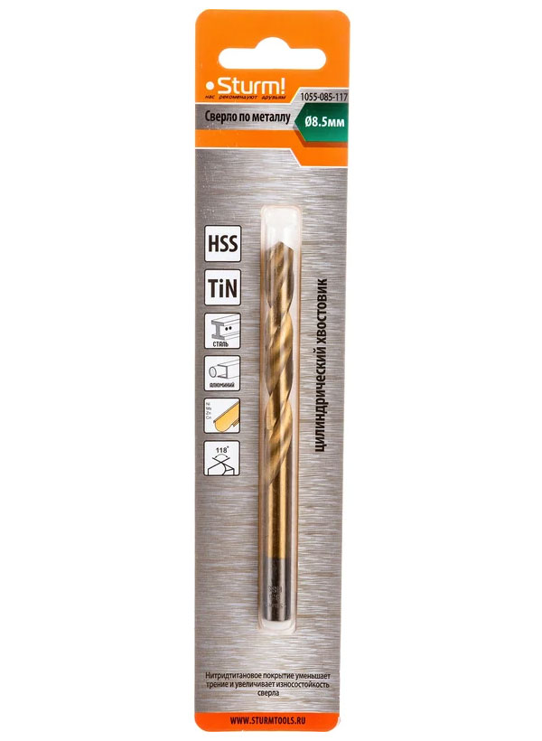 

Сверло по металлу Sturm! 8.5х117 мм сталь HSS нитридтитан. 118° блистер (1055-085-117)