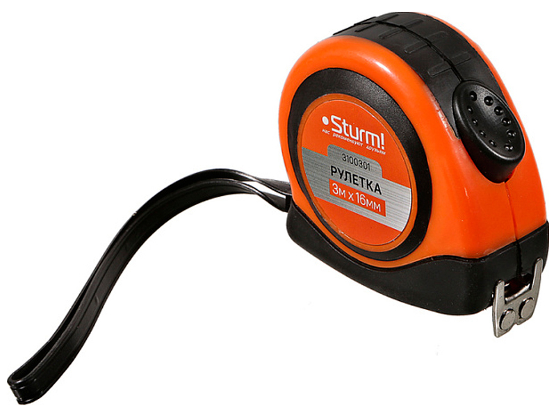Изображение товара Рулетка Sturm! 3м х 16мм, автостоп, с 2-х сторонней шкалой, усил. магнит, обрезиненный корпус, 2-ой зацеп (3100301)