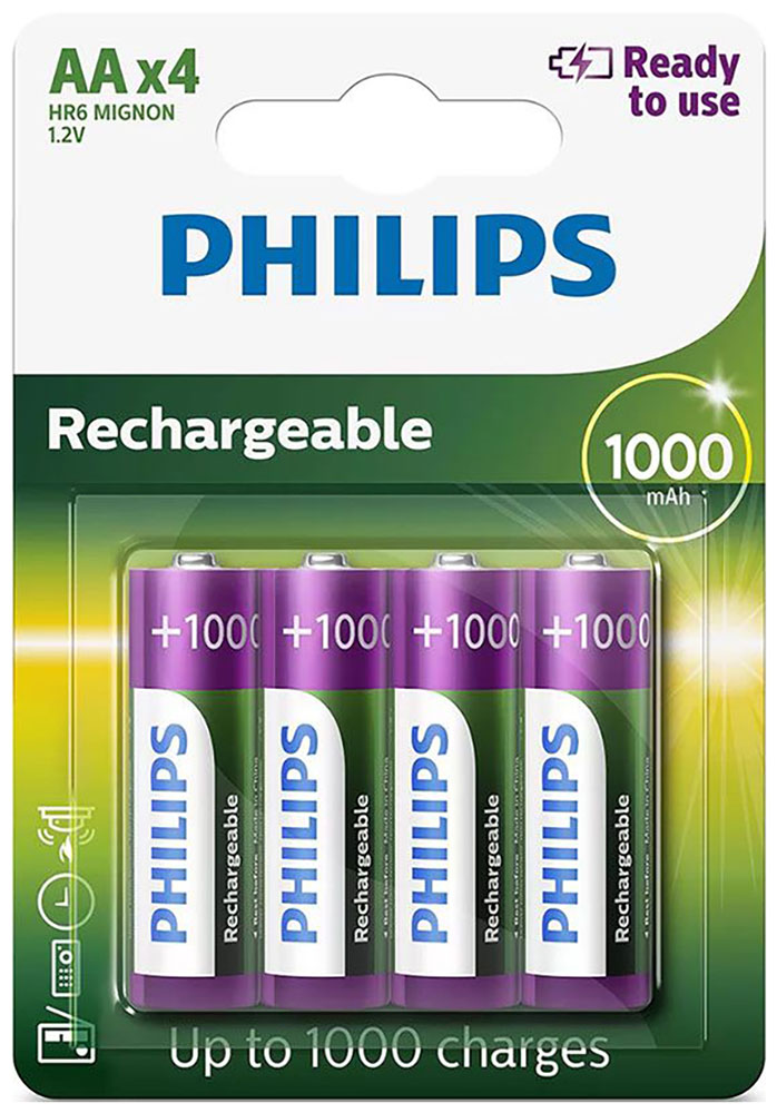 Изображение товара Батарейки аккумуляторные Philips MultiLife-NiMH, 4AA, 1000 мA/ч (R6B4RTU10/97)