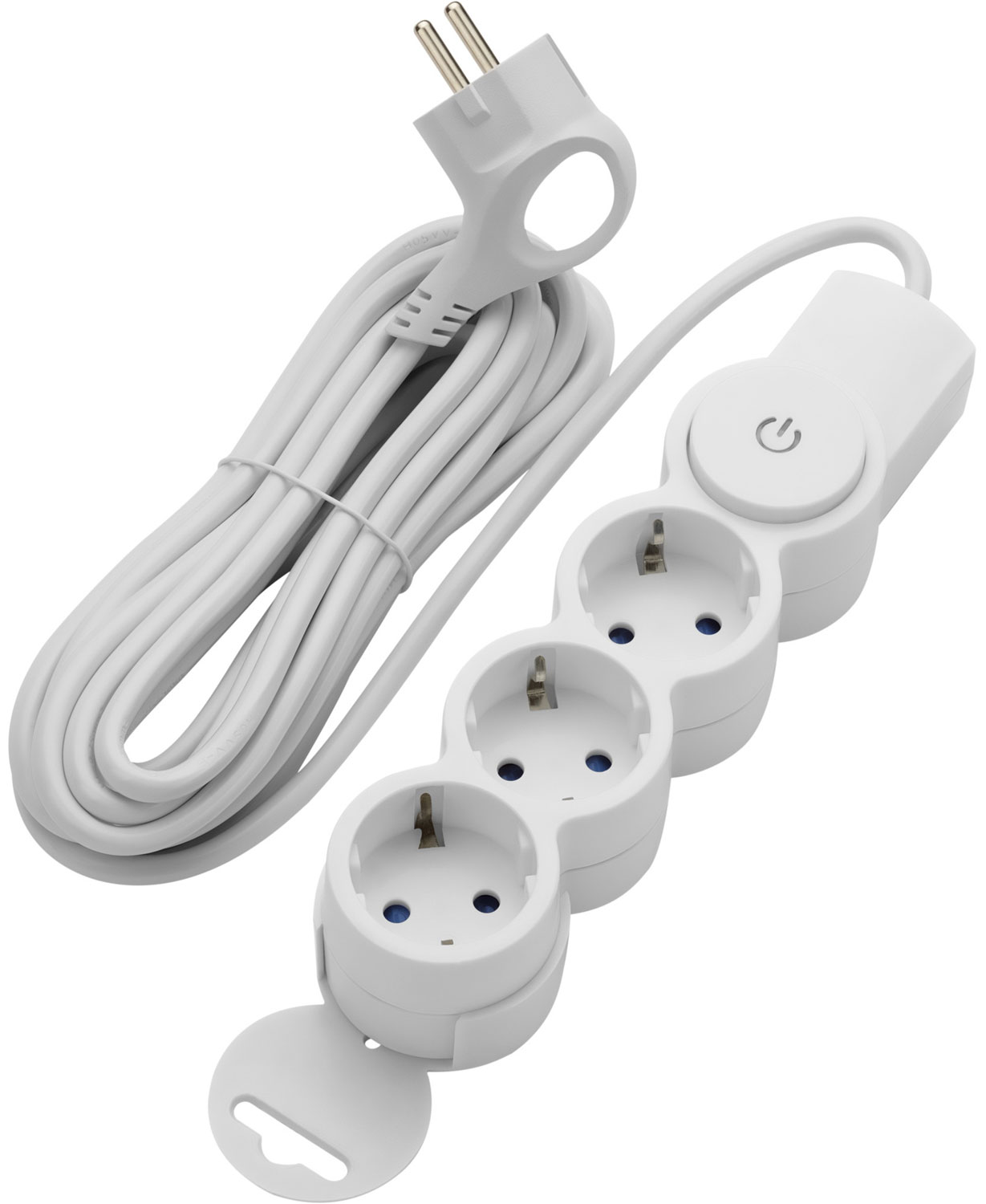 Изображение товара Удлинитель Duwi 3 гнезда, 5 м, с заземлением, с защитными шторками, с выключателем, с держателем, 2200 Вт, 10 А, белый